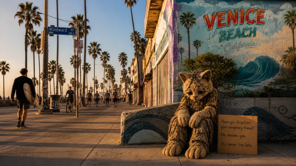 Arrowtree waits on the Venice Beach boardwalk with a handmade sign.